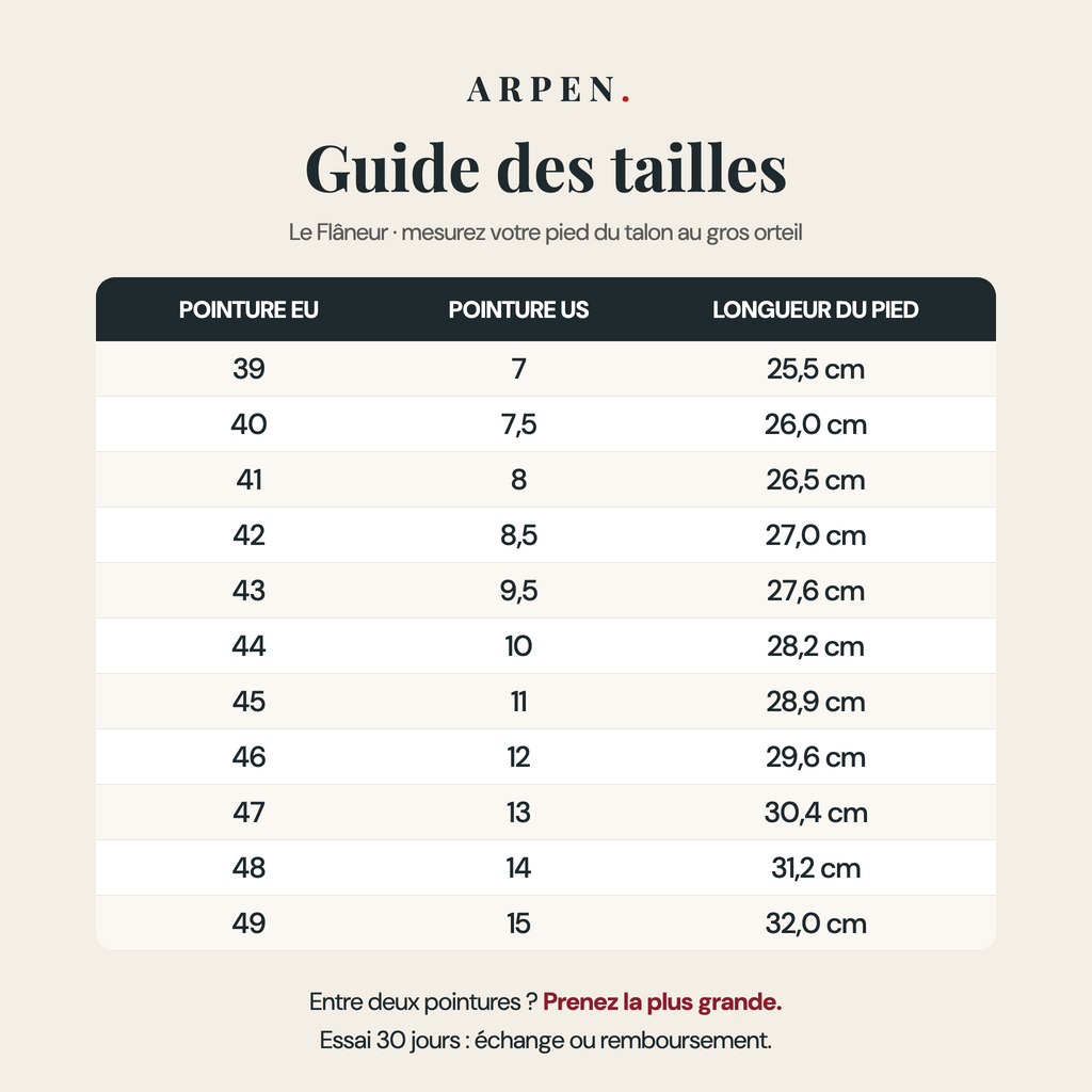 Guide des tailles Le Flâneur